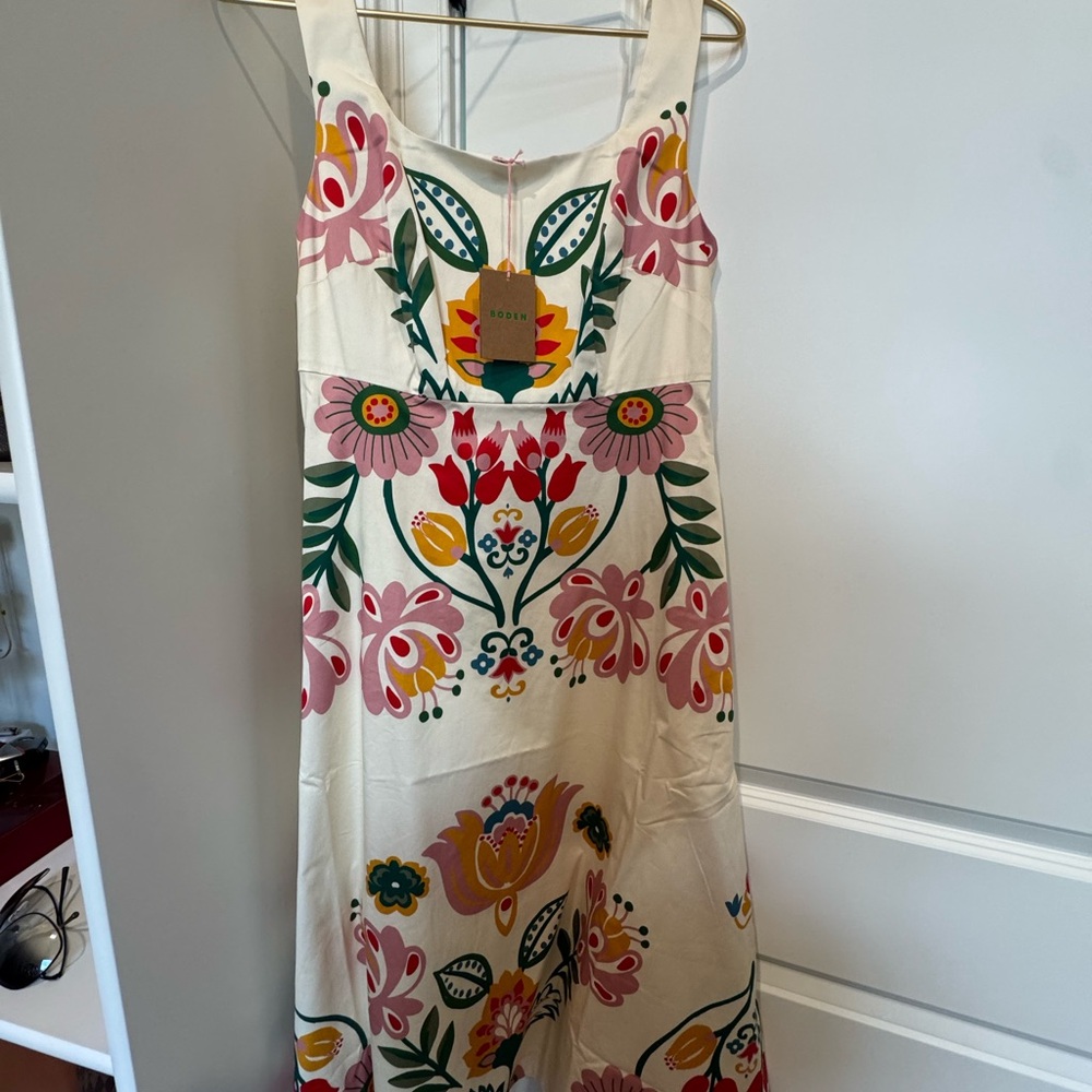 Boden Cream Midi Dress with Pink, Yellow, Green and Blue Floral Print